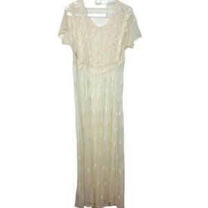 Vintage 90s Zoë California Sheer Mesh Maxi Dress Ivory Womens Small Embroidered